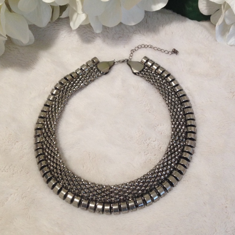 H&M Gun Metal Silver Tone Bib Necklace with adjustable chain